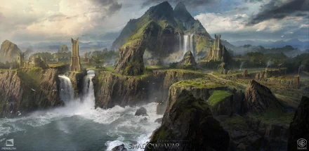 HD PC desktop wallpaper from the video game Middle-earth: Shadow of War, depicting a dramatic landscape with waterfalls, rocky cliffs, and a misty mountainous backdrop.