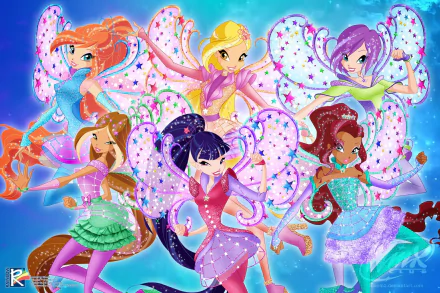 smile two-toned hair purple hair brown hair blonde red hair Stella (Winx Club) wings fairy Tecna (Winx Club) Flora (Winx Club) Musa (Winx Club) Aisha (Winx Club) Bloom (Winx Club) TV Show Winx Club HD Desktop Wallpaper | Background Image