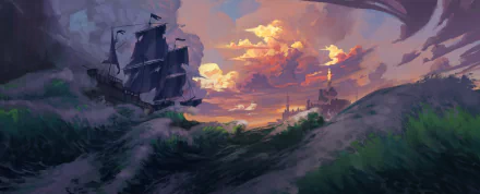 Artistic HD desktop wallpaper depicting a fantasy sailboat navigating ocean waves beneath a dramatic sky filled with clouds at sunset.