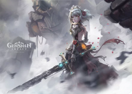 A high-definition desktop wallpaper featuring Noelle from the video game Genshin Impact, with her sword, green eyes, and grey hair, set against a dramatic, misty background.