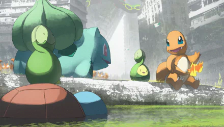 HD PC desktop wallpaper featuring Pokémon Squirtle, Rayquaza, Krabby, Bulbasaur, Budew, and Charmander in a detailed urban environment.