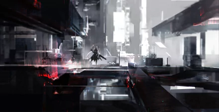Anime warrior with long hair stands in a dark, futuristic cityscape, rendered in striking 4K Ultra HD detail for a powerful PC desktop wallpaper background.