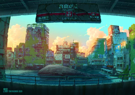 A vibrant post-apocalyptic anime cityscape with ruined buildings and a giant whale resting under a bright sky, rendered in HD for a desktop wallpaper background.
