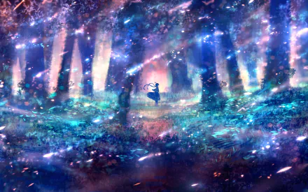 HD anime desktop wallpaper featuring a mystical forest scene with vibrant colors and a solitary character in the center, adding a dreamy and magical atmosphere.