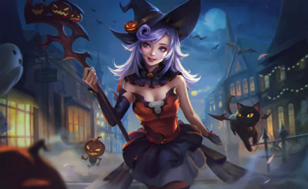 A whimsical anime girl in a witch hat stands in a moonlit Halloween scene, accompanied by playful cats, with glowing pumpkins and a spooky backdrop, creating a magical night vibe.
