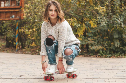 jeans skateboard sneakers woman mood HD Desktop Wallpaper | Background Image