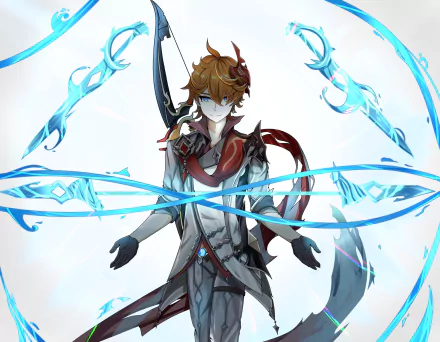 HD PC desktop wallpaper featuring Tartaglia (Childe) from the video game Genshin Impact, showcasing the character with glowing blue elemental weapons.