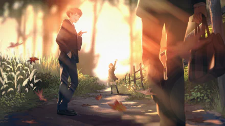 Anime 5K Ultra HD PC Desktop Wallpaper and Background: two figures on a sunlit forest path, drifting autumn leaves, warm backlight and a lantern-lit cottage in the distance.