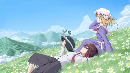 HD anime desktop wallpaper featuring Maribel Hearn and Renko Usami from Touhou, resting on a grassy hill under a bright blue sky with scattered clouds.