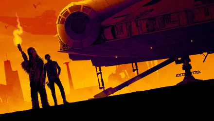Silhouetted Chewbacca and Han Solo stand beside the Millennium Falcon at sunset — vibrant orange 4K Ultra HD PC desktop wallpaper/background from the movie Solo: A Star Wars Story.