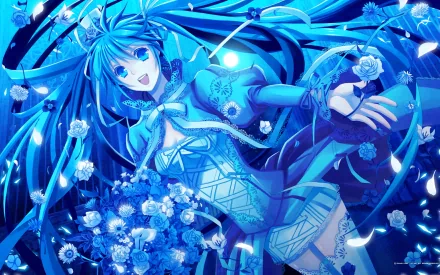 A vibrant HD wallpaper featuring Hatsune Miku, an anime Vocaloid, surrounded by blue flowers, showcasing her cheerful expression and flowing hair in a captivating design.