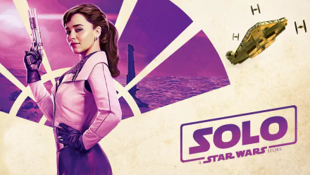 HD PC wallpaper of Qi'ra from the movie Solo: A Star Wars Story — posing with a blaster against a purple-hued skyline, with a Corellian freighter flying nearby.