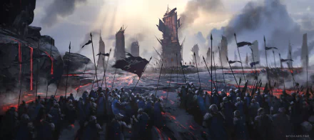A fantasy army of knights and warriors advances toward a towering siege tower amidst smoky battlefields under a dramatic, cloudy sky.
