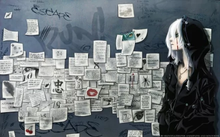 Anime-inspired HD wallpaper from The Qwaser of Stigmata, featuring a character in a black hoodie surrounded by a collage of notes and sketches on a textured wall.