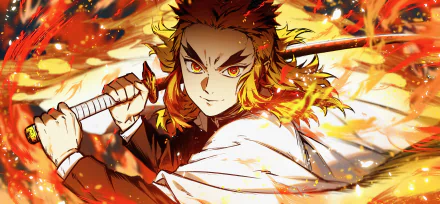 HD PC desktop wallpaper featuring Kyojuro Rengoku from Demon Slayer: Kimetsu no Yaiba wielding his sword amid fiery flames in vibrant anime style.