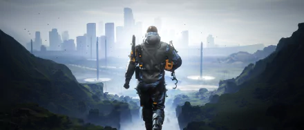 4K Ultra HD Death Stranding video game wallpaper depicting a lone figure walking toward a futuristic cityscape in a misty, atmospheric environment.