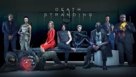 Death Stranding video game 8K Ultra HD PC desktop wallpaper: ensemble of characters in futuristic gear seated on a couch against a dark, minimalist backdrop.