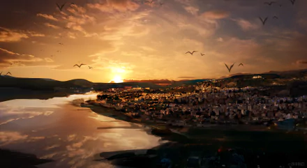 Anime cityscape at sunset with warm orange hues, birds flying, and a reflective river, presented as an HD PC desktop wallpaper and background.