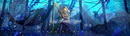HD PC desktop wallpaper of Barbara (Genshin Impact) from the video game Genshin Impact, playing a harp in a glowing blue forest with swirling musical notes.