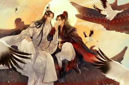 HD anime desktop wallpaper featuring Wei Wuxian and Lan Wangji from Mo Dao Zu Shi, seated on a rooftop with birds flying around them at sunset.