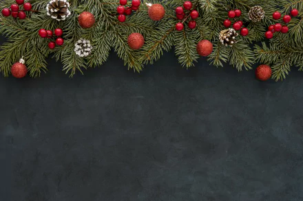 Festive 4K Ultra HD desktop wallpaper featuring a Christmas decoration of spruce cones, red berries, and ornaments arranged along a dark background.