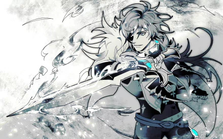 HD PC desktop wallpaper featuring Kaeya from the video game Genshin Impact, depicted in dynamic monochrome with glowing blue accents.