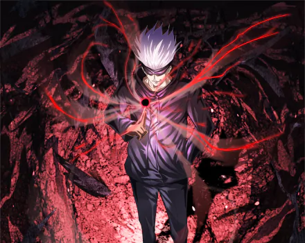 HD wallpaper of Satoru Gojo from the anime Jujutsu Kaisen, featuring a dramatic scene with red and black swirling energy.