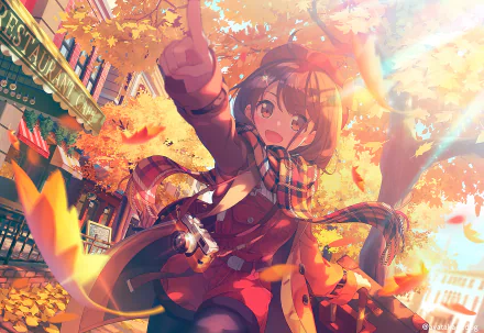 HD PC desktop wallpaper/background of an anime girl in a cozy autumn city scene, wearing a scarf and coat, smiling as orange leaves swirl in warm sunlight.