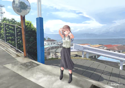 HD anime desktop wallpaper featuring an anime girl standing on a sunny roadside with a scenic coastal town and ocean in the background.