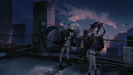 Girls' Frontline 2K Quad HD PC Desktop wallpaper and background: MG4 and HK416 with long hair on a rooftop at dusk, moody city skyline, video game artwork.