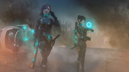 Futuristic sci-fi HD desktop wallpaper featuring two woman warriors in advanced armor standing amidst a smoky, high-tech battlefield.