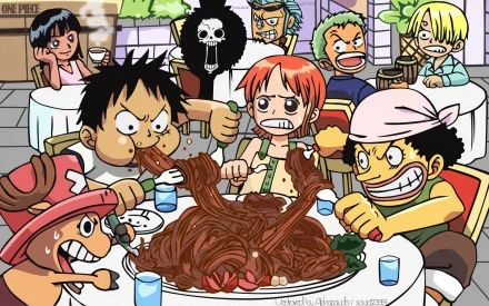 An HD desktop wallpaper featuring characters from One Piece—Luffy, Nami, Zoro, Sanji, Usopp, Robin, Franky, and Brook—enjoying a meal with lively expressions.