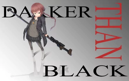 HD anime desktop wallpaper featuring Suou Pavlichenko from Darker than Black holding a rifle, set against a white background with the series title in bold black and red letters.