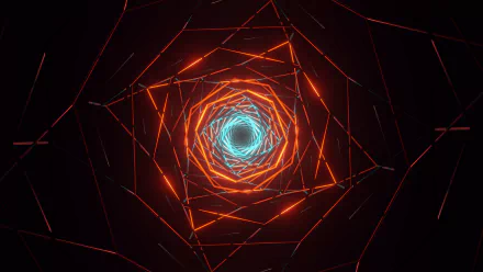HD wallpaper featuring an abstract tunnel with vibrant red and blue geometric shapes converging towards the center, creating a hypnotic, futuristic visual effect.