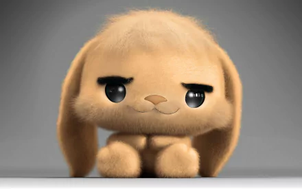 HD desktop wallpaper featuring a cute, man-made toy bunny with soft fur, large eyes, and floppy ears against a neutral gray background.