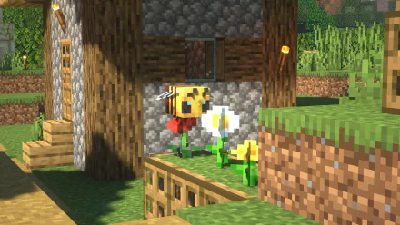 4K Ultra HD Minecraft PC wallpaper showing a bee hovering near flowers outside a cozy stone and wood house in a bright, pixelated video game landscape.