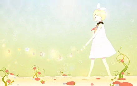HD PC desktop wallpaper of Vocaloid Rin Kagamine: anime-style Rin in a white dress with bow, standing on a floral meadow against a pastel starburst background.