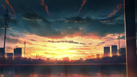 HD anime desktop wallpaper depicting a vibrant sunset sky with glowing clouds above a silhouetted cityscape, blending warm and cool tones for a striking visual.