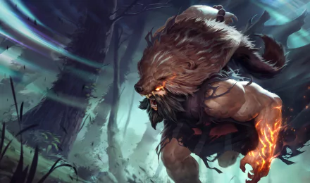 HD wallpaper of Udyr, a character from the video game League of Legends, set in a dark forest with mystical lighting.