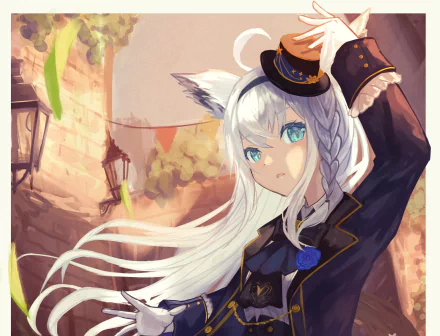 HD anime desktop wallpaper featuring Shirakami Fubuki from Hololive with white hair, fox ears, and blue eyes in a detailed fantasy setting.