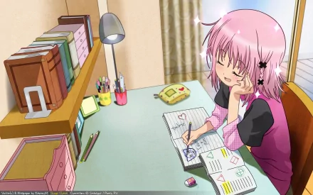 HD PC desktop wallpaper featuring an anime scene from Shugo Chara, showing a pink-haired girl studying at a desk with books and stationery.