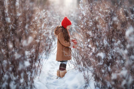 A child wearing a red hat and brown coat stands in a snowy bush-filled winter landscape, captured in sharp HD detail for a serene nature-themed desktop wallpaper.