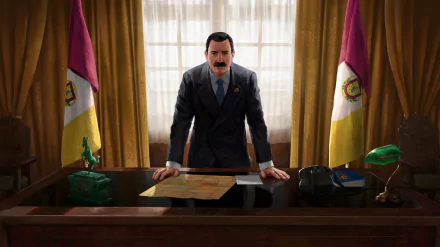 HD desktop wallpaper featuring a character from Suzerain standing at a desk with flags in the background.