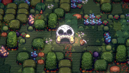 HD desktop wallpaper from Tinkertown featuring a stylized pixel art forest scene with a large skull and colorful vegetation.