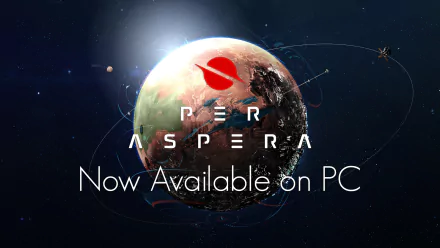 HD wallpaper of 'Per Aspera' featuring a stylized planet with satellites and text Now Available on PC against a starry background.