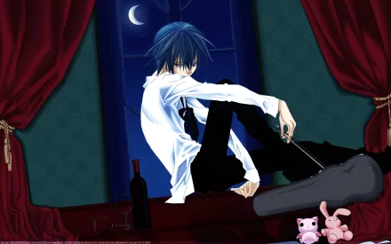 A detailed HD wallpaper of Ikuto Tsukiyomi from the anime Shugo Chara!, featuring him seated by a window at night, with a moonlit backdrop and playful plush toys nearby.