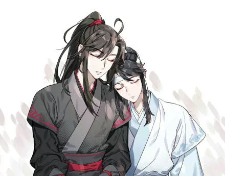 HD PC desktop wallpaper: anime portrait of Wei Wuxian and Lan Sizhui from Mo Dao Zu Shi, Wei in dark robes leaning as Lan Sizhui rests in pale robes, serene and close.