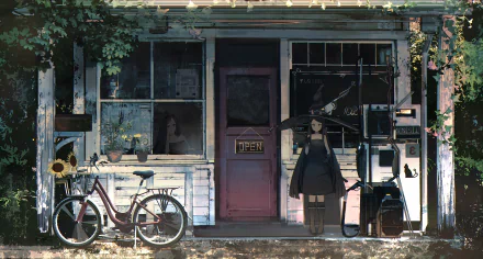 A mysterious, anime-inspired shop decorated for Halloween, featuring a girl in a dark dress and an old bicycle outside. Captured in vibrant 4K Ultra HD.