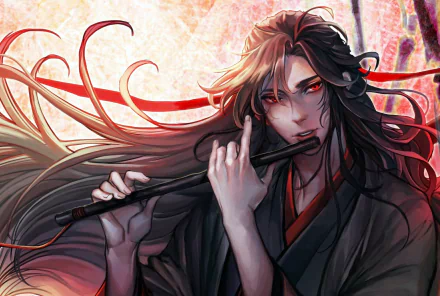 HD PC desktop wallpaper: anime-style Wei Wuxian (Mo Dao Zu Shi) playing a flute, long dark hair flowing, red eyes and dramatic red-black background.
