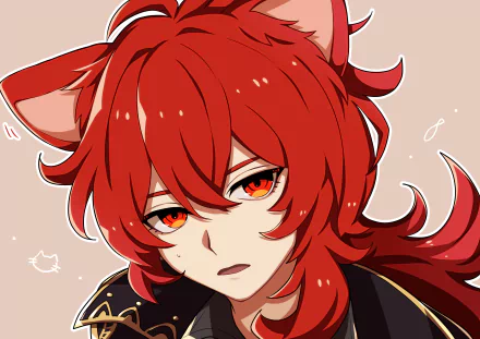 4K Ultra HD PC desktop wallpaper featuring Diluc from the video game Genshin Impact with detailed red hair and intense amber eyes.